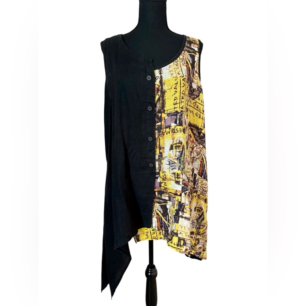 LUUKAA Black Yellow Graffiti Abstract Linen Artsy Pocket Long Flowy Tank
